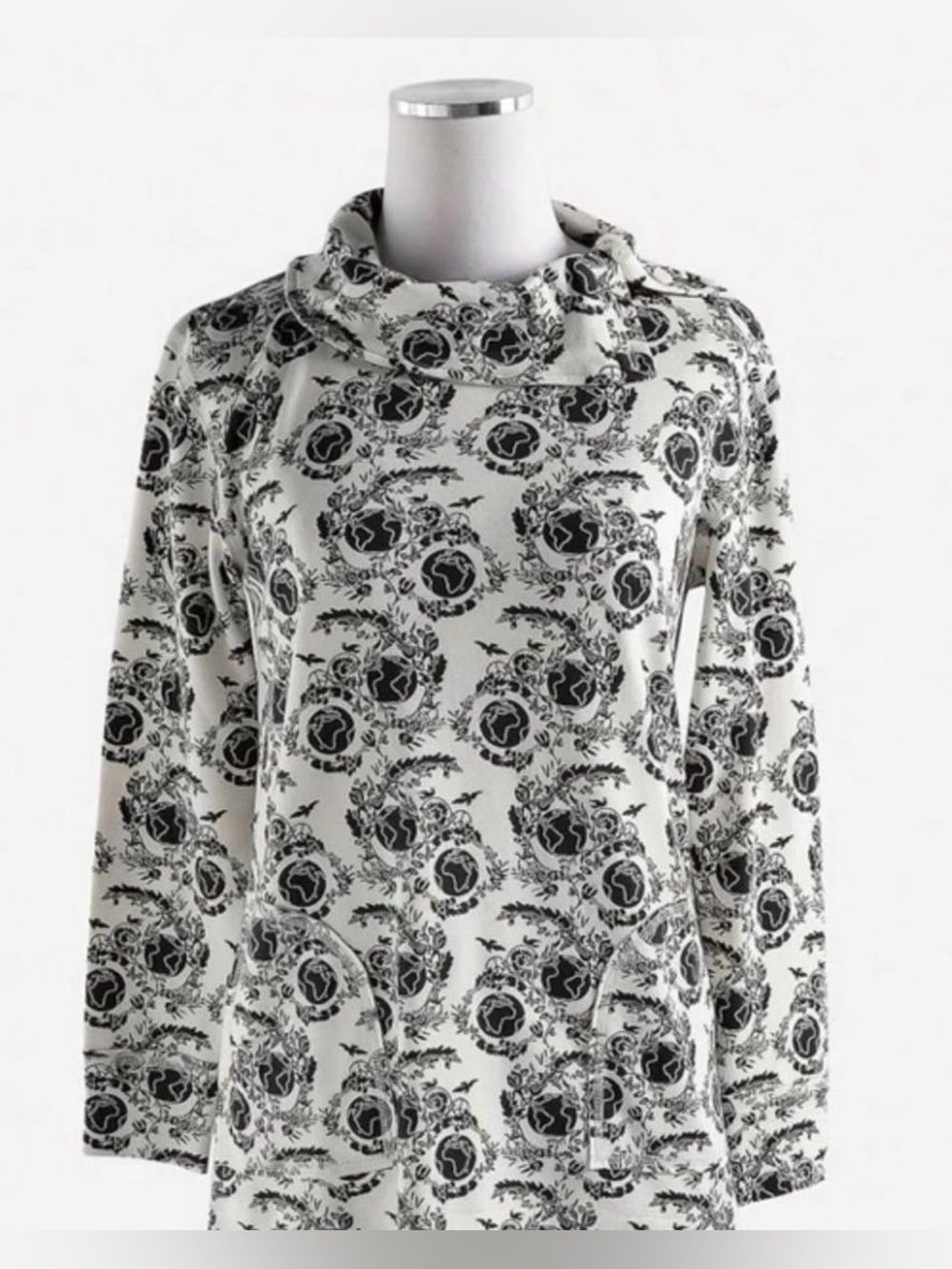 Kate Quinn Onyx Peace on Earth Black & White Printed Cowl Neck Tunic Pockets L